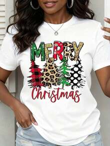 Camiseta Blanca de Mujer con Estampado de Árbol de Navidad y Cuadros de Leopardo - Camiseta Gráfica Festiva para las Fiestas - Estilo Vintage Urbano Unisex - Camiseta de Manga Corta de Algodón Suelto con Cuello Redondo - 100% algodón - Blanco - Ver 7