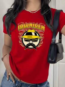 Camiseta con estampado gráfico de ilustración de gorra Lowrider, 180g, 1 pieza, estilo retro urbano, casual para mujer, 100% algodón, manga corta, cuello redondo, top de moda de verano. - Rojo - Ver 9