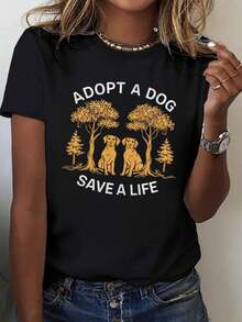 Una camiseta de manga corta para mujer, moderna, a la moda, retro, casual y holgada, adecuada para actividades al aire libre en primavera y verano.Camiseta de Teediy "Adopta un Perro, Salva una Vida" - una camiseta con temática de rescate de animales que presenta siluetas de perros y patrones de árboles, de manga corta, transpirable y casual, lavable a máquina, adecuada para amantes de las mascotas, ideal para uso casual en primavera, verano y otoño, promueve la conciencia sobre la adopción de perros.blusas para mujer,blusas casuales para dama,tops,, mujer premium,y2k,playeras de mujer curvy,ofertas y liquidaciones ropa mujer,playeras deportivas para mujer,,playeras de hombre, mujer,blusas>elegante GCWD - Negro - Ver 8