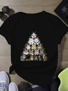 Una camiseta de manga corta para mujer, moderna, a la moda, retro, casual y holgada, adecuada para actividades al aire libre en primavera y verano.|Patrón de árbol de Navidad con gato, gato a rayas blancas, naranjas y grises con lazo rojo, top informal con temática navideña de gato, ligero, suave y transpirable, perfecto para vestimenta navideña.blusas para mujer,blusas casuales para dama,tops,, mujer premium,y2k,playeras de mujer curvy,ofertas y liquidaciones ropa mujer,playeras deportivas para mujer,,playeras de hombre, mujer,blusas>elegante DDPU - Negro - Ver 1