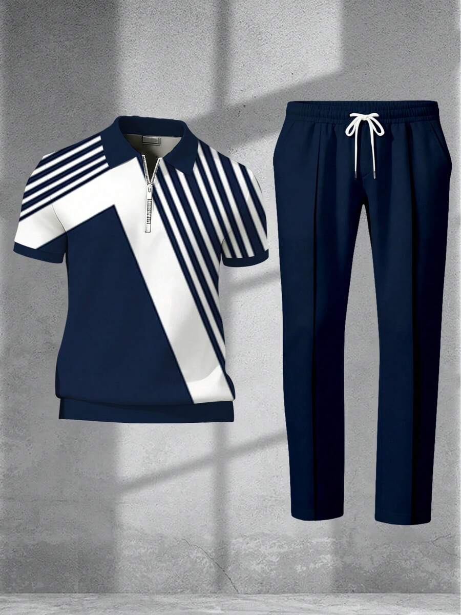 Men's Casual Geometric Print Quarter-Zip Sweatshirt And Drawstring Pants Set, 3D Digital Print, 100% Polyester, Navy Blue Printed Short-Sleeve Shirt - Màu hỗn hợp - Xem 1