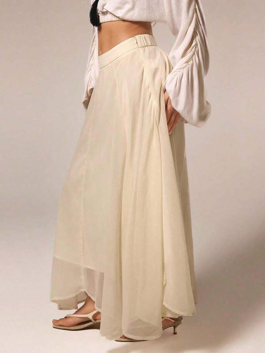 Falda larga asimétrica de cintura baja elegante para mujer, adecuada para bodas, invitados, vacaciones, salidas de primavera - Negro - Ver 1