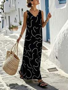 Women's Long, Loose-Fitting Dress With A Linen Texture And Abstract Lines - 黑色 - 查看 1