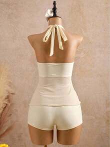 2026  Conjunto de bikini elegante de estilo vacacional con decoración metálica y empalme de malla, y top de tankini con tirantes finos - Amarillo claro - Ver 2