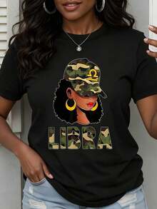 Camiseta de moda para mujer con estampado del signo zodiacal Libra, gorra de camuflaje y pendientes de aro, ropa casual para atuendos diarios y amantes del zodiaco.blusa casual mujer - Negro - Ver 2