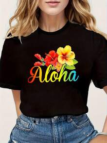 Camiseta para mujer con estampado de letras ALOHA hawaianas - Diseño tropical de flor de hibisco y plumeria, manga corta y cuello redondo, colores hawaianos vibrantes (rosa, amarillo, naranja, verde, azul) - Brea ligera - Negro - Ver 1