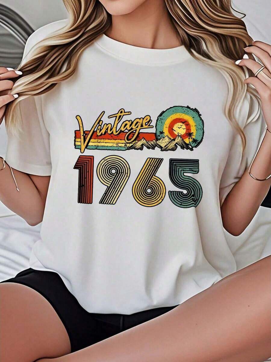 Camiseta de Mujer Vintage 1965 Retro con Estampado Gráfico, Opciones en Blanco y Negro, Estampado de Montaña, Camisetas Casuales para Uso Diario, Tops de Verano, Camisetas Gráficas, Conjuntos de Verano para Mujer, Camisetas Cortas para Mujer, Tops Vintage de Algodón, Ropa Linda para Mujer, Playera Holgada para Mujer - Blanco - Ver 1