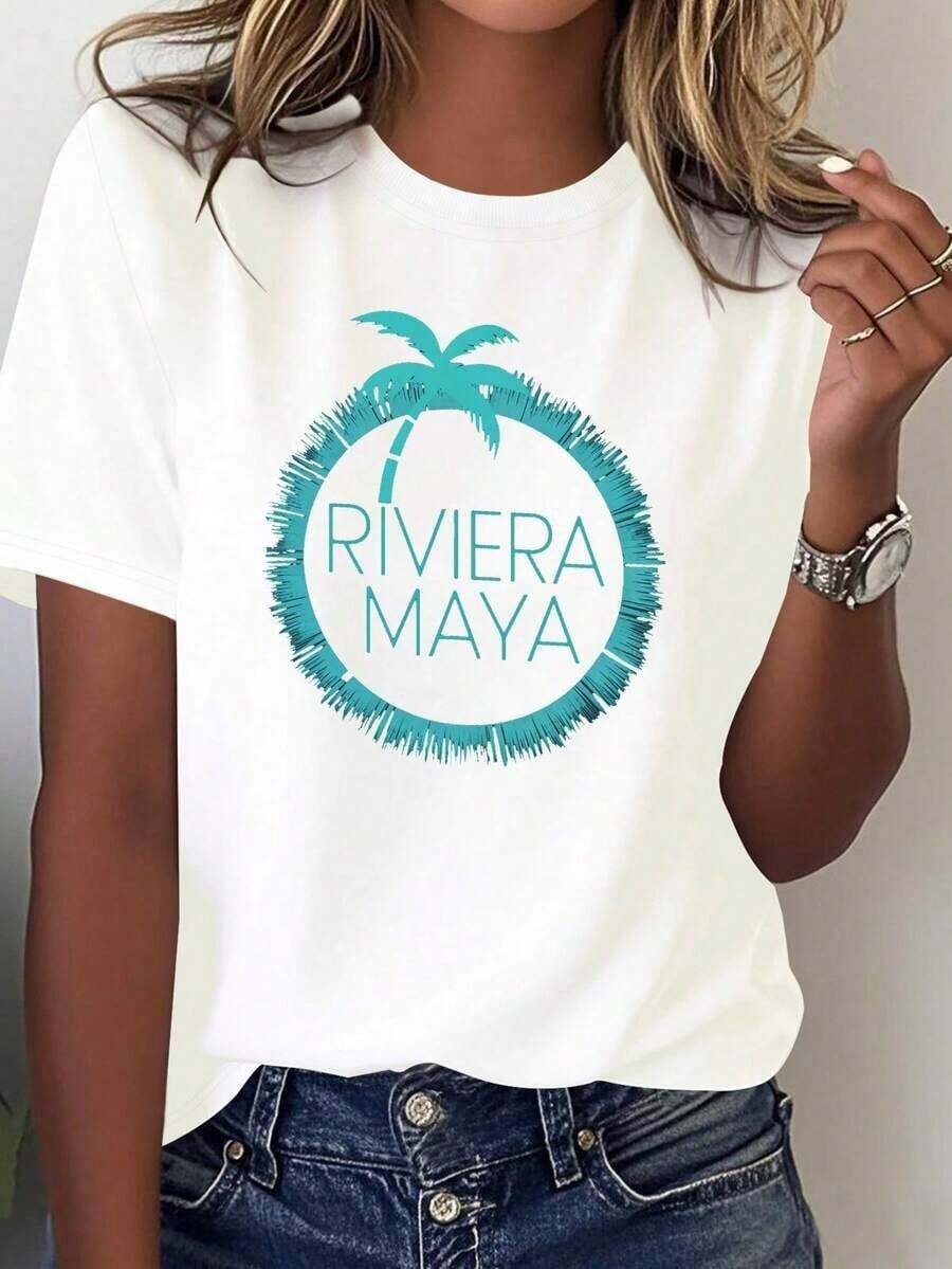 Comfortable, Lightweight Women's T-Shirt From The Mexican Riviera Maya Palm Tree Pure Label Brand, 100% Cotton, A Popular Choice. Short-Sleeved Women's T-Shirt, A Basic Style Suitable For Indoor And Outdoor Wear. - 白色的 - 查看 1