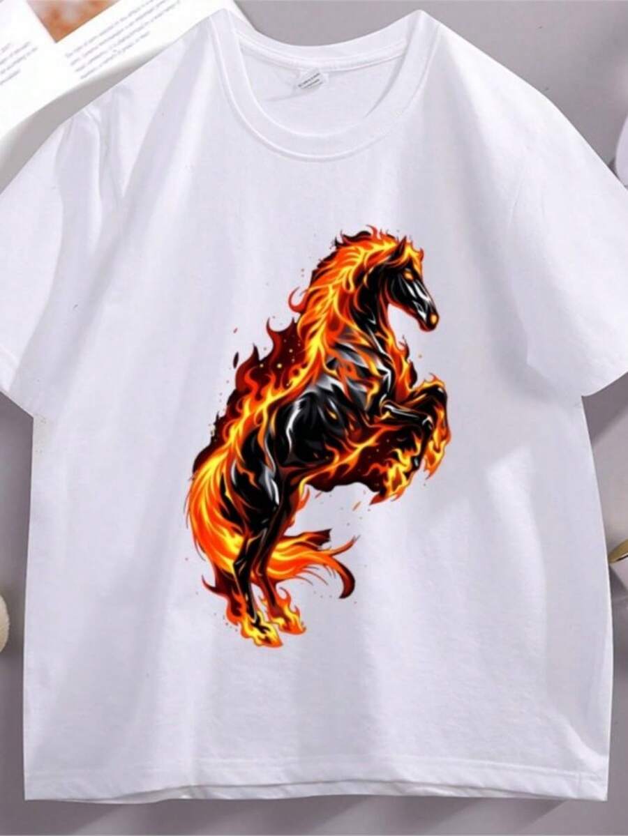 blusas para mujer Fire Horse Graphic T Shirts Flaming Printed Tshirt Men Women Cotton Short Sleeve Round Neck T-shirt Comfortable Streetwear - Blanco - Ver 1