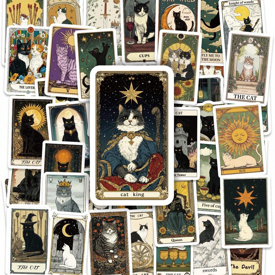 50 piezas Pegatinas de Cartas de Tarot con Dibujos de Gatos, Pegatinas Decorativas Divertidas Vintage de Dibujos Animados Impermeables para Portátil, Teléfono, Coche, Monopatín, Bolsa, Primer Día de Escuela - A - Ver 1
