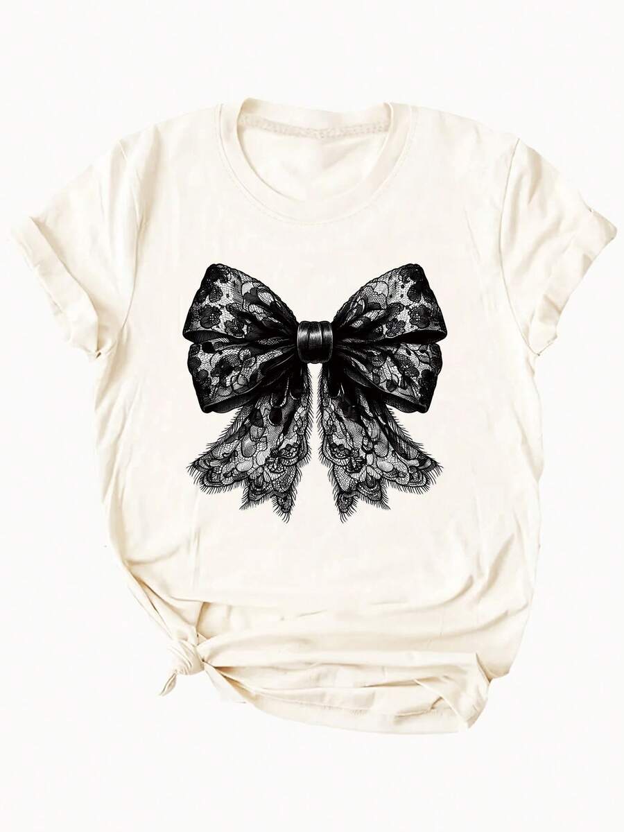 Women's T-shirt Popular blusa de manga corta para mujer con estampado de lazo y cuello redondo ajustado. - Albaricoque - Ver 1