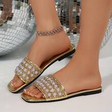 1 Pair Plus Size Elegant Ivory Metallic Cross Beaded Pearl Slippers, Comfortable Versatile Outdoor/Indoor Flat Sandals With Rhinestones And Pearls, Suitable For Daily Wear, Party, Beach, 41-43 - Gold - View 5
