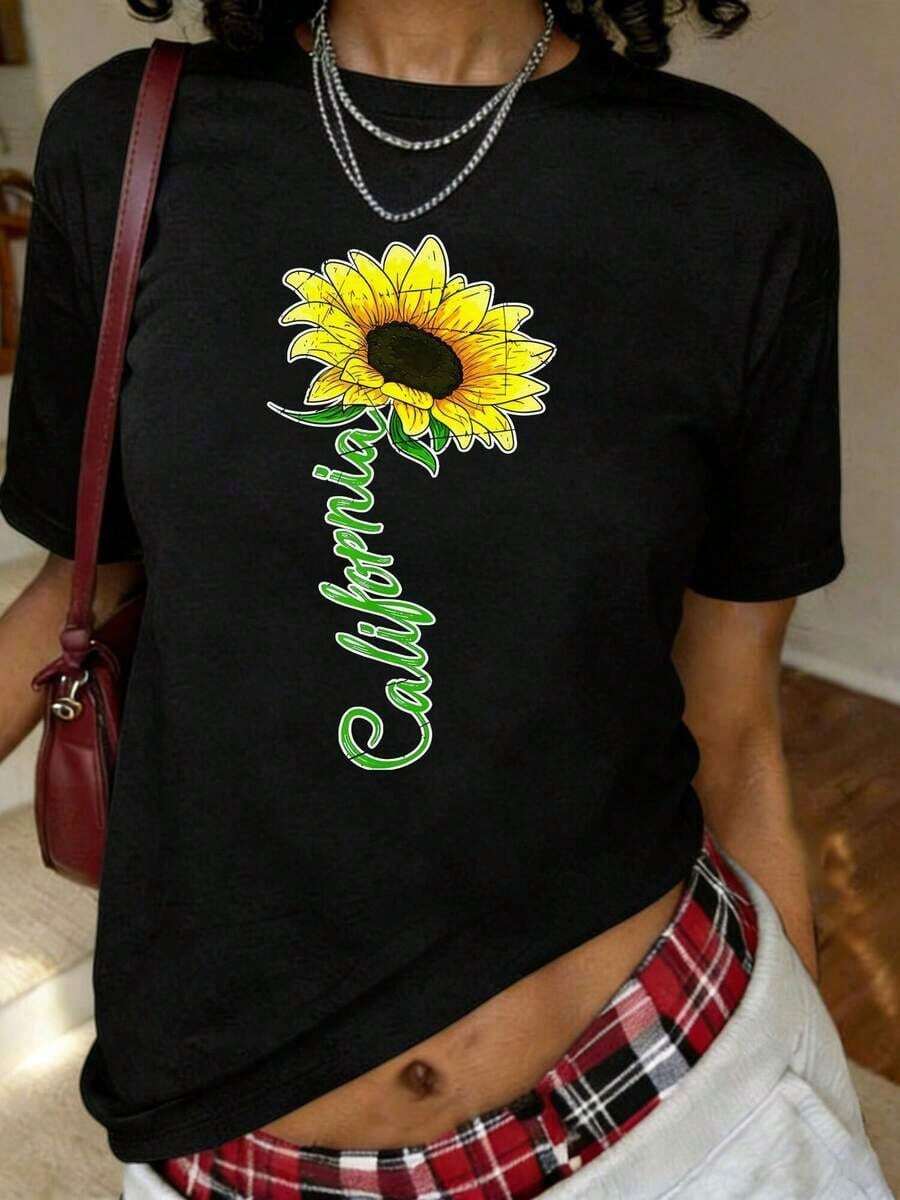 1 pieza Camiseta con estampado de girasol amarillo, estilo hippie tropical de California, manga corta, cuello redondo, top casual para verano y primavera, ropa de mujer, 180g, 100% algodón. - Negro - Ver 1
