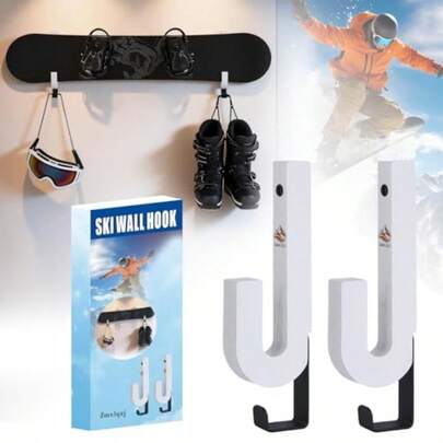 2-In-1 Snowboard Wall Mount Ski Rack For Garage Or Room: Wood And Metal Construction, Black Finish, Space-Saving Dual-Hook Design With Skateboard Storage And Gear Hanger Functionality