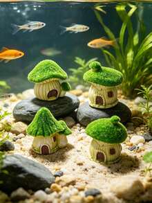 4件套创意绿色毛绒蘑菇屋迷你装饰品，水族箱绿色植物装饰，水族箱蘑菇屋景观，仙女苔藓屋迷你装饰，树脂桌面摆件，植物景观屋，水族箱DIY装饰工艺品，迷你仙女屋，室内装饰，水族箱配件，适用于爬行动物、乌龟、斗鱼、金鱼和两栖动物 - A - 查看 7