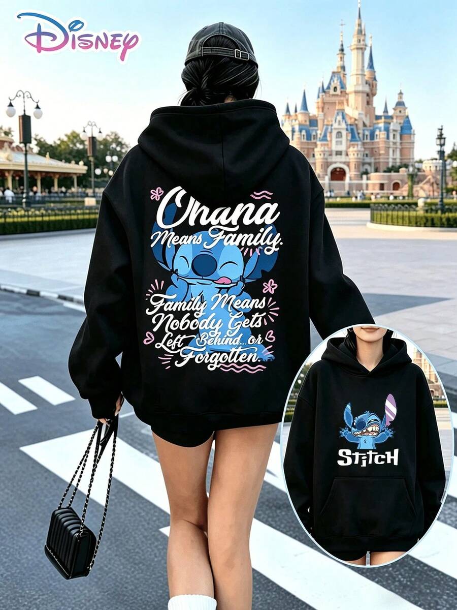 Disney Lilo & Stitch Y2K Printed Sweatshirt. A Fun, Loose-Fitting Top With A Family-Themed Print. A Casual And Versatile Choice, Perfect For Holiday Gifts. (Women's Autumn/Winter Clothing/Elegant Women's Outfits/Patterned Hoodies/Printed Tops/Casual Outfits For Women/Women Trending Now/Holiday Co-Ord/Plus Size Friendly) - màu đen - Xem 1
