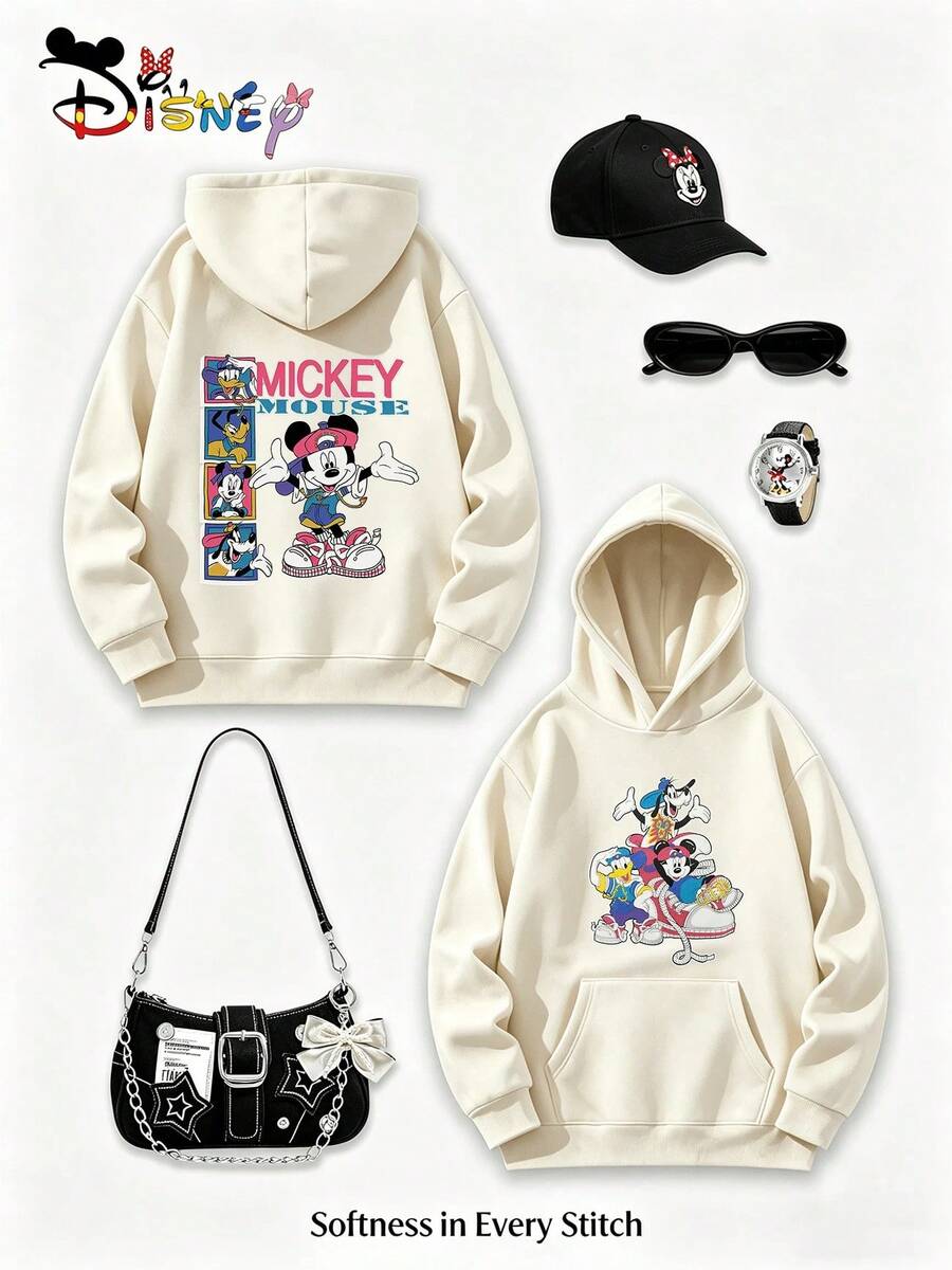 Disney Y2K Style Printed Hoodie, American Retro Style Mickey Mouse All-Star Street Style Hooded Top, Casual Style, Perfect For Holiday Gifts (Women's Autumn/Winter Clothing/Elegant Women's Outfits/Patterned Hoodies/Printed Tops/Casual Outfits For Women/Women Trending Now/Holiday Co-Ord/Plus Size Friendly) - Màu be - Xem 1
