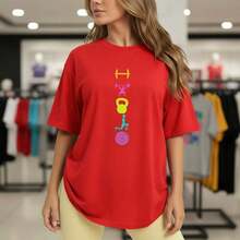 Camiseta de algodón para mujer, tallas grandes S-5XL, corte holgado, con estampado gráfico de gimnasio, con mancuernas coloridas e íconos de fitness, top casual de manga corta para entrenamiento, ropa deportiva, camiseta básica suave y transpirable para uso diario, blusa casual para mujer, playeras de algodón para mujer. - Rojo - Ver 1