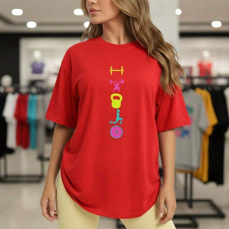 Camiseta de algodón para mujer, tallas grandes S-5XL, corte holgado, con estampado gráfico de gimnasio, con mancuernas coloridas e íconos de fitness, top casual de manga corta para entrenamiento, ropa deportiva, camiseta básica suave y transpirable para uso diario, blusa casual para mujer, playeras de algodón para mujer. - Rojo - Ver 1