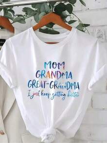 1 pieza de ropa para mujer, camiseta blanca con estampado de mamá, abuela, nieta, camisetas, top blanco, camisetas gráficas para mujer, camiseta unisex casual de cuello redondo, tejido ligero de 220 g/m², lavable a máquina, para primavera/verano/otoño, Día de la Madre/Navidad/Día de San Valentín, 180 g de algodón 100%. - Blanco - Ver 8