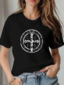 Camiseta Estampada de Algodón Puro para Mujer de St. Benedict's, Blusa Casual de Manga Corta Cómoda y Versátil para Mujer - Negro - Ver 7