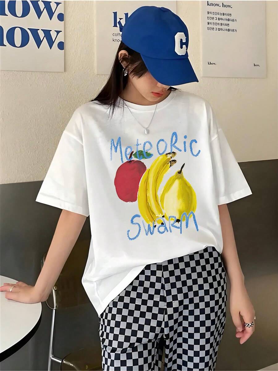 Women's Y2K Graphic T-Shirt - Meteor Shower Print, Bananas And Apples, Short Sleeve Summer Casual T-Shirt, Colorful White Lettering, Loose Fit Crew Neck, Casual Wear, Y2K Style Top, Comfortable Fit, Banana Print T-Shirt, Women's T-Shirts - 白色 - 查看 1
