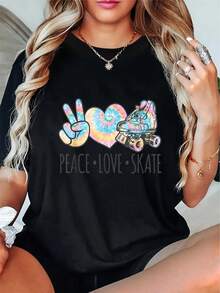 Cuello Redondo Talla Grande - Camiseta Vintage con Estampado de Patinaje sobre Ruedas para Mujer - Camiseta Tie-Dye con Estampado de Patinaje y Paz en Azul, Rosa, Amarillo, Verde, Morado - Top Suave de Cuello Redondo para Patinaje, Uso Casual y Ropa Urbana Diaria - Ropa Vintage de Cultura del Patinaje para Todas las Temporadas, Ropa de Patinaje, Camiseta de Ajuste Cómodo, Blusas Para Mujer Casual - Negro - Ver 1