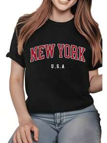 Camiseta estampada con diseño de Nueva York, camiseta casual de manga corta para mujer, paquete de 1 pieza, 100% de tela pesada y cómoda con cuello redondo, camiseta suave y linda, sencilla y elegante. - Negro - Ver 5