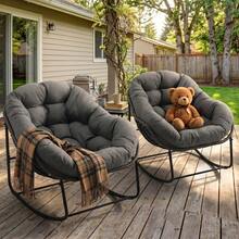 Patio Rocking Chair With Padded Cushion Indoor Outdoor Comfy Papasan Rocker Chair With Upgraded Steel Frame Oversized Rattan Egg-Shaped Lounge Chair For Front Porch, Garden, Bedroom - Màu xám đen - Xem 2