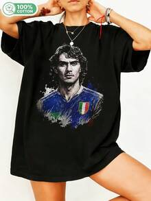 T-shirt unisexe en coton, style rétro vintage, orné d'un motif graphique rétro, inspiré de la légende du football italien Paolo Maldiniii. Idéal pour les fans de sport, hommes et femmes, à porter au quotidien. - Noir - Voir 6