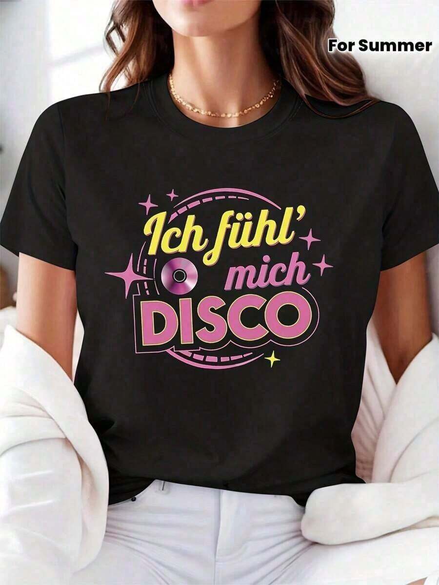 Camisetas de algodón para mujer. Camiseta casual para mujer con el texto en alemán "Ich fühl'mich DISCO", estampado estilo disco, manga corta, cuello redondo, para primavera/verano, uso diario, fiestas, celebraciones, estilo urbano vintage, unisex, algodón, manga corta, cuello redondo. Adecuado para primavera, verano y otoño. >ropa - Negro - Ver 1