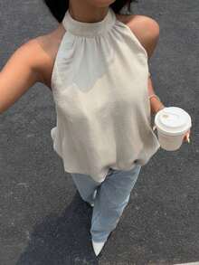 Top sin espalda con cuello de halter para mujer, unicolor minimalista, adecuado para vacaciones de verano - Albaricoque - Ver 6