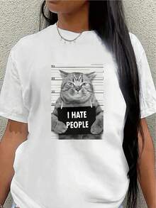 Polyester Short-Sleeved T-Shirt, Printed With A Cat Wanted Poster With The Message "I Hate Humans", Lightweight And Durable, Suitable For Casual Wear At Home, In The Office Or In A Restaurant, An Ideal Choice For Lovers Of Fashion And Humor. - 白色 - 查看 7