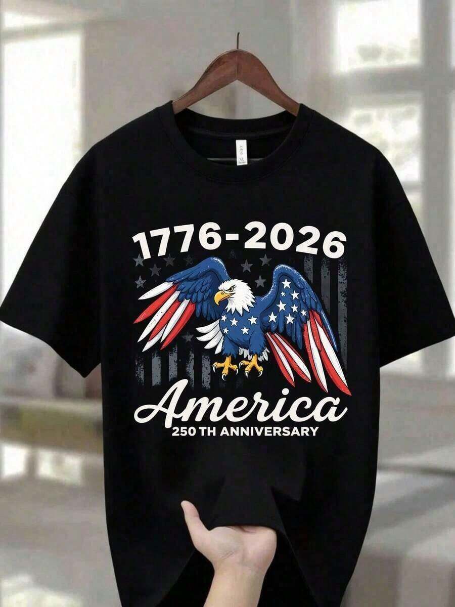 [Camiseta Deportiva] Camiseta de Hombre con Diseño de Águila y "1776-2026 América" para el 250 Aniversario - Regalo Conmemorativo de 250 Años de Historia, Camiseta de Algodón Transpirable de Corte Holgado para el 4 de Julio, Navidad, Uso Casual, Camiseta Unisex, Camiseta Y2K, Camiseta de Moda Urbana - Negro - Ver 1