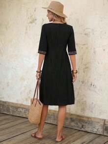 Vestido midi plisado de manga raglán con cuello en V vintage para mujer, verano - Negro - Ver 2