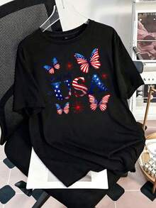 MPLSL|Camiseta de moda de Milán con estampado, blusa casual de mujer de manga corta y cuello redondo para primavera y verano|Camiseta estampada con mariposas y tema del 4 de julio de EE.UU. - Negro - Ver 1