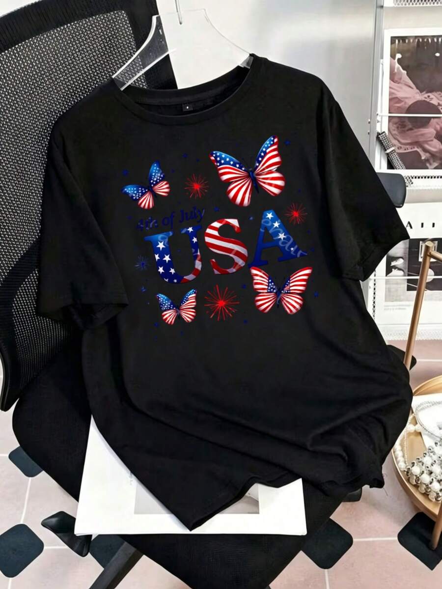 MPLSL|Camiseta de moda de Milán con estampado, blusa casual de mujer de manga corta y cuello redondo para primavera y verano|Camiseta estampada con mariposas y tema del 4 de julio de EE.UU. - Negro - Ver 1