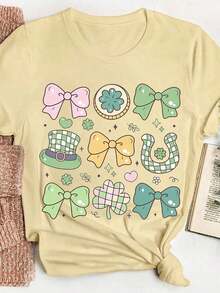 Camiseta ModernoTeacher para el Día de San Patricio, Camiseta de Maestro Afortunado, Camiseta con Lazos y Tréboles, Camiseta Casual de Cuello Redondo para Mujer, Ropa Casual - Albaricoque - Ver 1