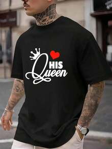 Ropa deportiva casual de manga corta para hombre, ideal para el Día de San Valentín, con un diseño de corazón y la palabra 'Queen'. Suave y transpirable, adecuada para uso diario y actividades al aire libre, diseñada para hombres altos y corpulentos. - Negro - Ver 7