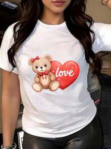 ModernoLadies - Nueva Camiseta Popular para el Día de San Valentín para Mujer, con Estampado de Osito de Peluche y Corazones, Camiseta Corta de Manga Corta y Cuello Redondo, Corte Ajustado, Diseño de Lazo Rosa y Corazones, Lavable a Máquina, Ropa Casual de Primavera y Verano, Ropa para el Día de San Valentín, Esencial para Combinar (Negro con Cara de Oso Rosa y Corazones), Atuendo Casual Cómodo, Silueta Ajustada, Estampado Digital, Corte Relajado, Pieza Versátil para Combinar, Adorable Diseño de Osito y Corazones, Divertida Camiseta de Manga Corta con Cuello Redondo para Mujer, Adecuada para: Eventos Deportivos/Fiestas Navideñas/Salidas/Deportes y Otros Regalos Navideños. - Blanco - Ver 5