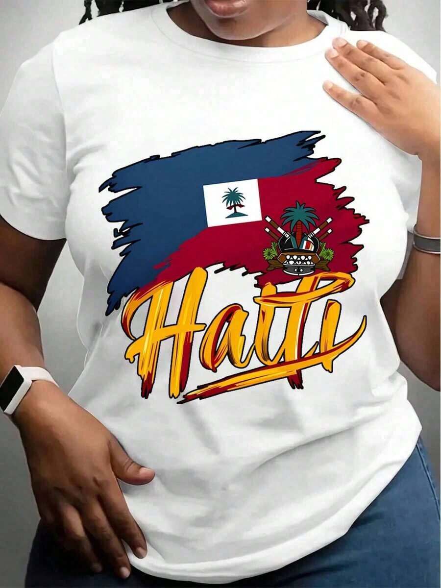 Camiseta con la Bandera y el Emblema Nacional de Haití con Diseño de Pinceladas Coloridas para Eventos Patrióticos y Celebraciones Culturales, playeras de mujer - Blanco - Ver 1