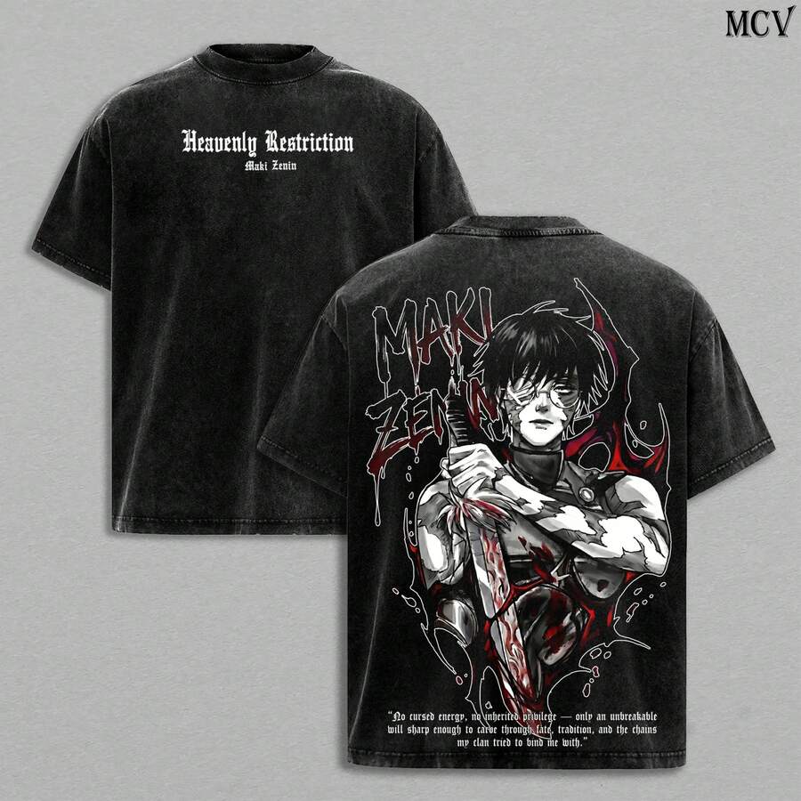 T-Shirt – Loose-Fitting Anime T-Shirt With A Vintage Effect, Maki Manga Graphic Tee With A Dark Aesthetic, Unisex Streetwear Made Of Thick Cotton, JJK Merchandise, Anime Gift For Autumn. - 黑色 - 查看 1