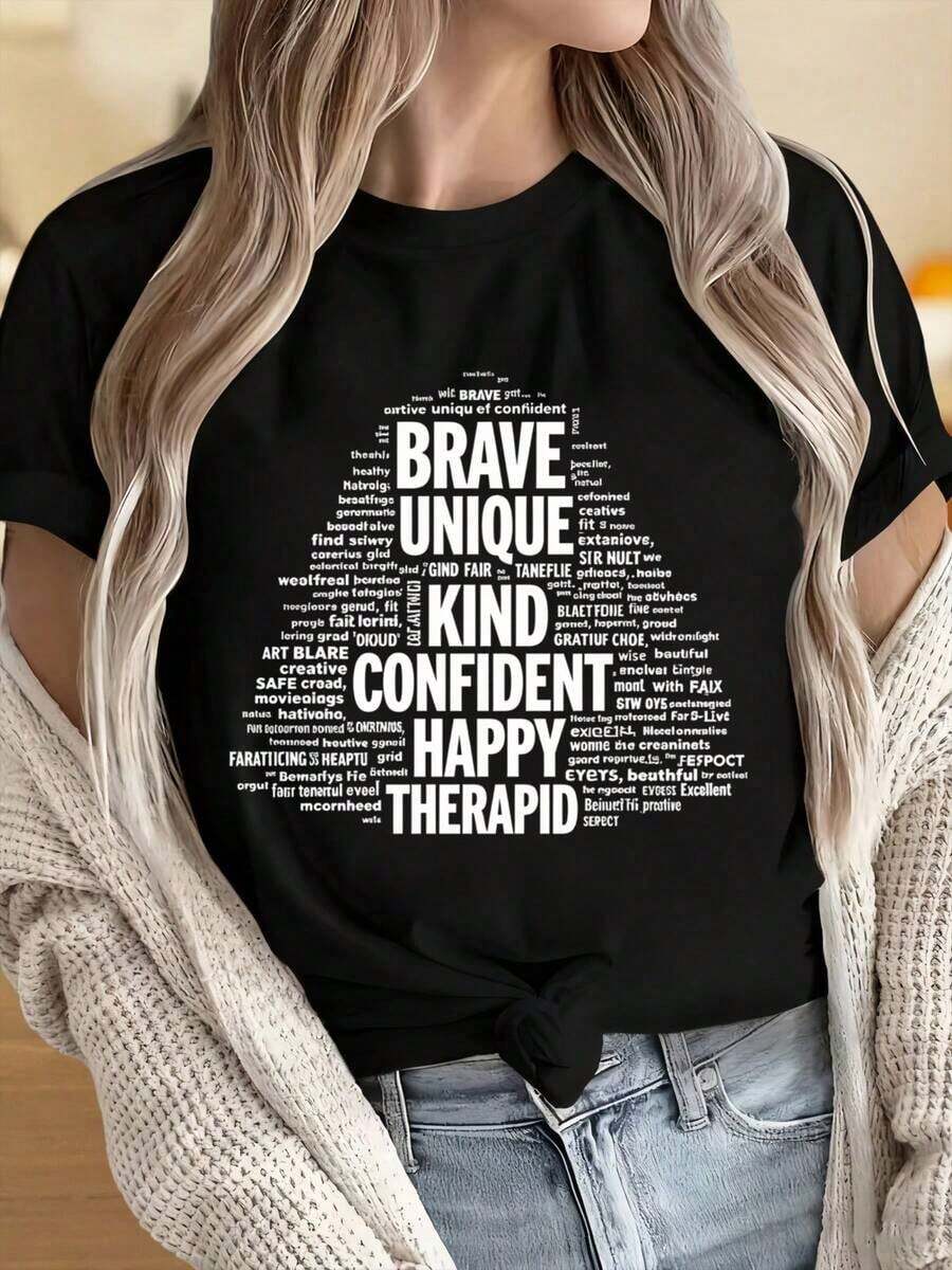 Women's And Men's Crew Neck Short Sleeve T-Shirts. 's T-Shirt With Inspirational Words For Mental Health Professionals And Self-Confidence Motivation. Fun Prints Ideal For Christmas Parties, Sports Activities, Holiday Parties, Outings, Sports, And Other Festive Gifts. - 黑色 - 查看 1