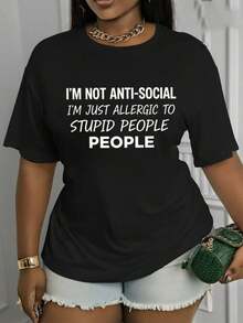 Suave, transpirable y ligero para comodidad durante todo el día. Camiseta estampada de cuello redondo para mujer: "No soy antisocial, solo soy alérgico a las personas tontas."Camiseta de manga corta estampada para mujer.Lavable a máquina; elegante, cómodo, informal, adecuado para todas las estaciones.Estilo retro, corte holgado. Cuello redondo clásico con un ajuste relajado que favorece todas las formas del cuerpo y es fácil de combinar con jeans, shorts y leggings. - Negro - Ver 1