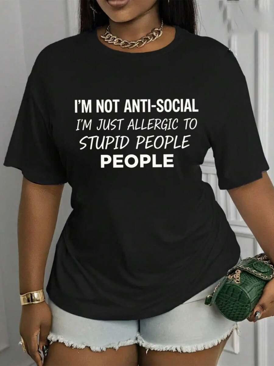 Suave, transpirable y ligero para comodidad durante todo el día. Camiseta estampada de cuello redondo para mujer: "No soy antisocial, solo soy alérgico a las personas tontas."Camiseta de manga corta estampada para mujer.Lavable a máquina; elegante, cómodo, informal, adecuado para todas las estaciones.Estilo retro, corte holgado. Cuello redondo clásico con un ajuste relajado que favorece todas las formas del cuerpo y es fácil de combinar con jeans, shorts y leggings. - Negro - Ver 1