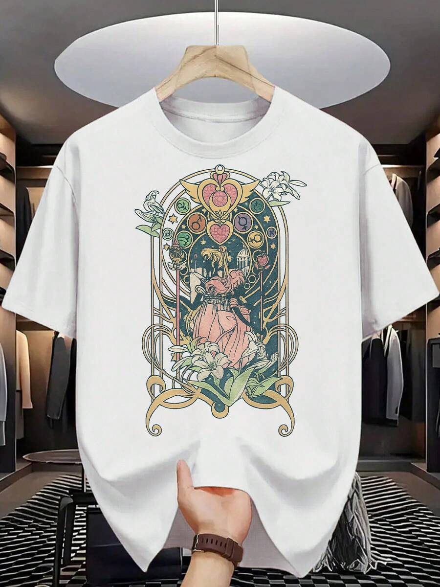 Camiseta 100% para hombre - Manga corta, cuello redondo, impresión digital, cómoda para todas las estaciones, lavable a máquina, ideal para salidas diarias, cuello redondo, diseño circular, camiseta casual de verano Muscle Freaks Art Nouveau Ilustración estilo anime - Negro - Ver 1