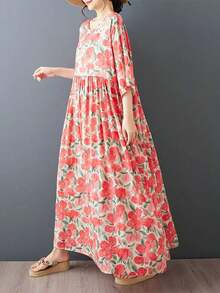 Vestido Casual Bohemio Nuevo 2026 con Estampado Floral, Vestido de Verano Holgado de Talla Grande con Cuello Redondo, Vestido Elegante, Camisón para Dormir - Marrón - Ver 2
