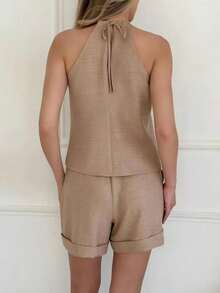 Conjunto casual de verano con top sin mangas y pantalones cortos - Caqui - Ver 4