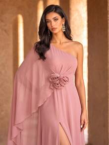 SUPGIR Floral Decor Slit Maxi Chiffon Dress With Shoulder Strap & Flounce Sleeve Wedding Spring Fall - Dusty Pink - View 6