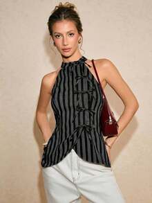 Blusa de verano con estampado de rayas, lazo decorativo y ajuste ceñido para uso casual, de viaje y diario - Negro - Ver 6